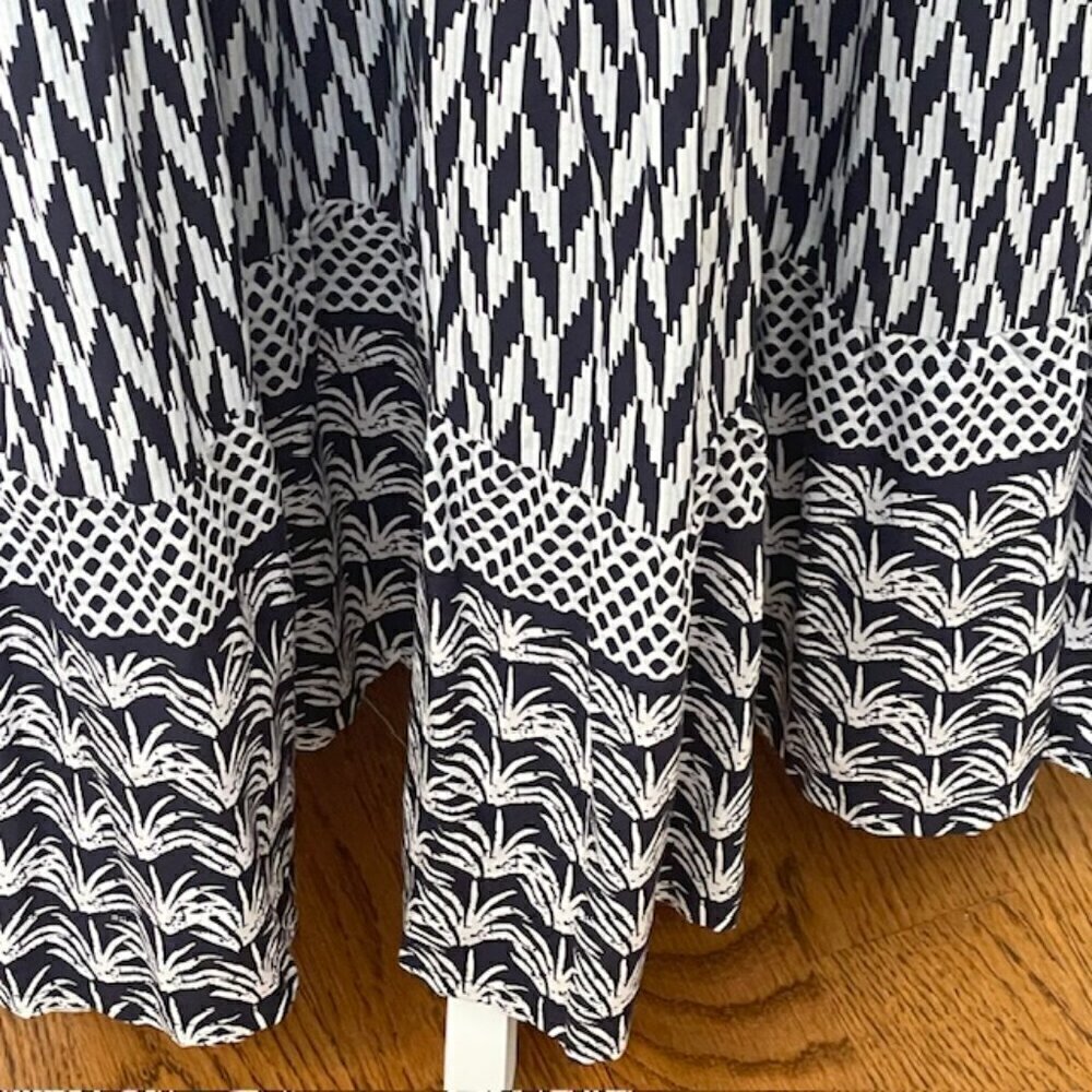 Liza Byrd Tiered Ruffled Cotton Block Print Maxi Dress Blue & White Small - Picture 3 of 7